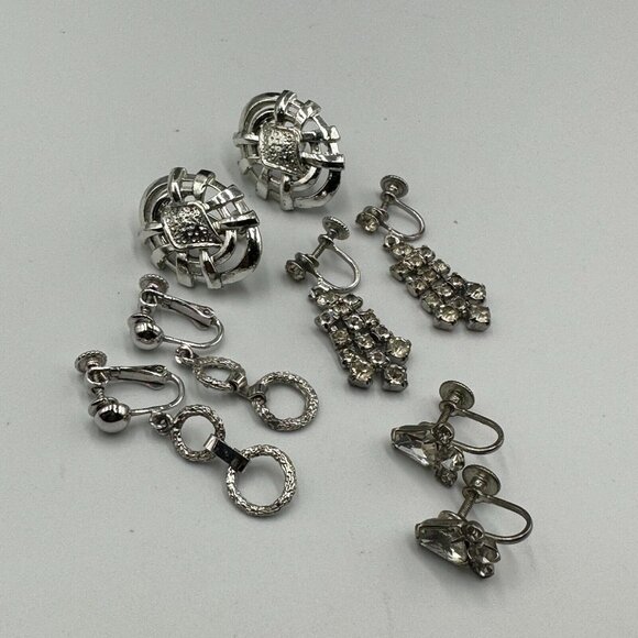 Vintage Screw back Earrings Lot Silver Tone Rhinestone Dangle Retro Art Deco - Picture 1 of 12
